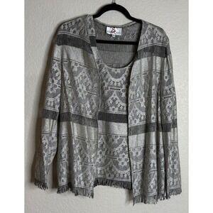 Francais Huey Waltzer XL 3‎ Piece Set Silver Metallic Fringe Cardigan Tank Skirt